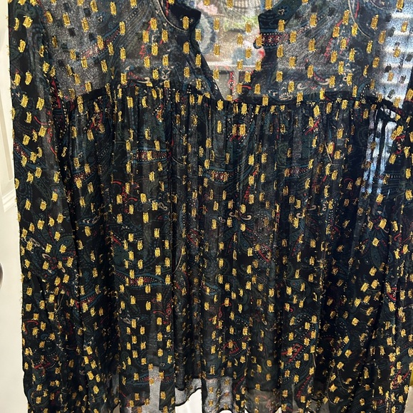 ZARA sheer with metallic thread blue floral printed blouse. Size XL.Boho chic. - Picture 4 of 7